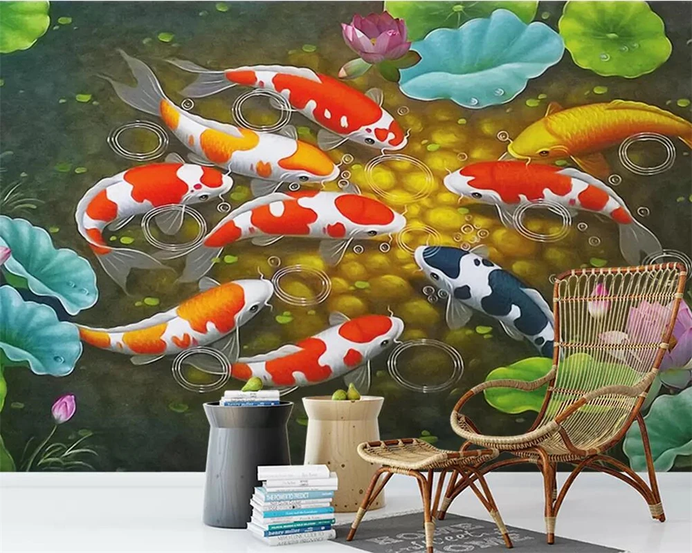 

Beibehang пользовательские 3D богатые и богатые девять рыб Лотос фото обои роспись Гостиная Спальня украшение фон роспись