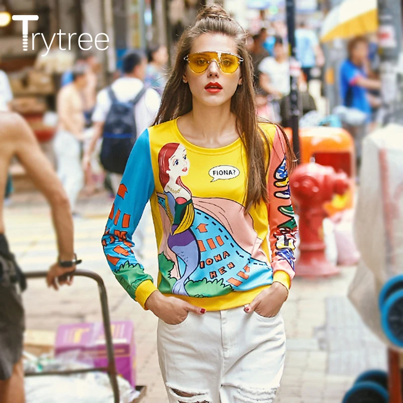 Весенне летние женские свитшоты Trytree уличная одежда Мультяшные Полиэстеровые