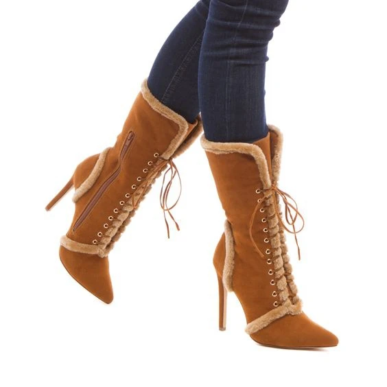 

High quality cross tied female boots high thin heel pointed toe faux suede woman spring autumn boots
