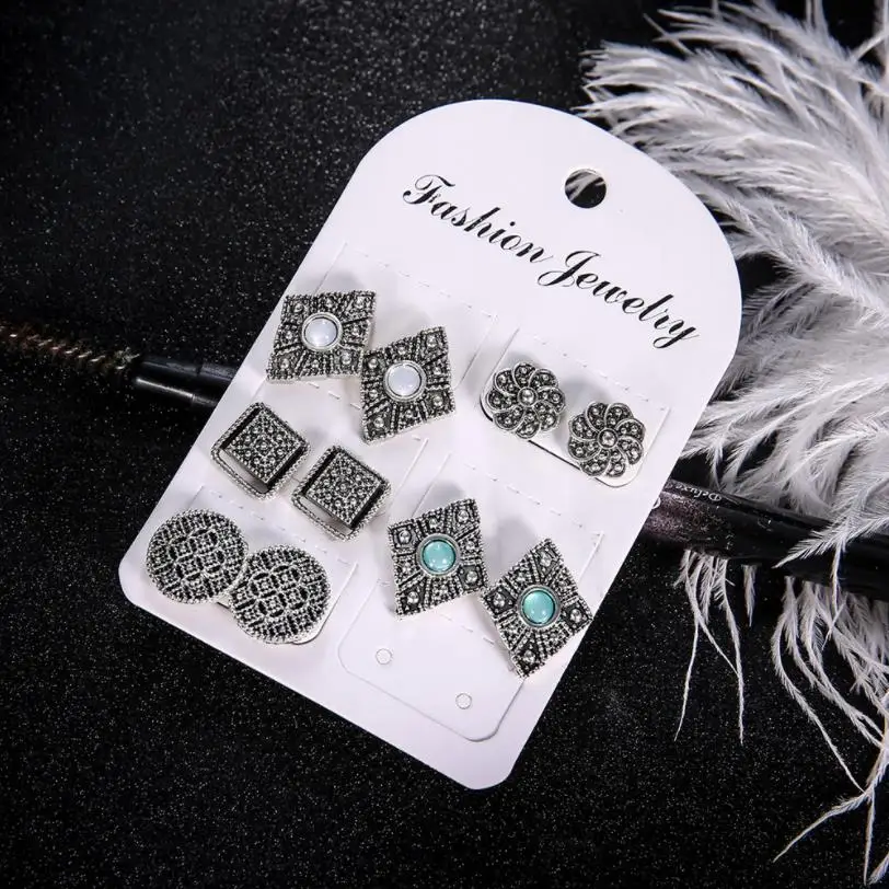 5 пар серьги гвоздики набор богемные женские большие квадратные круглые цветок