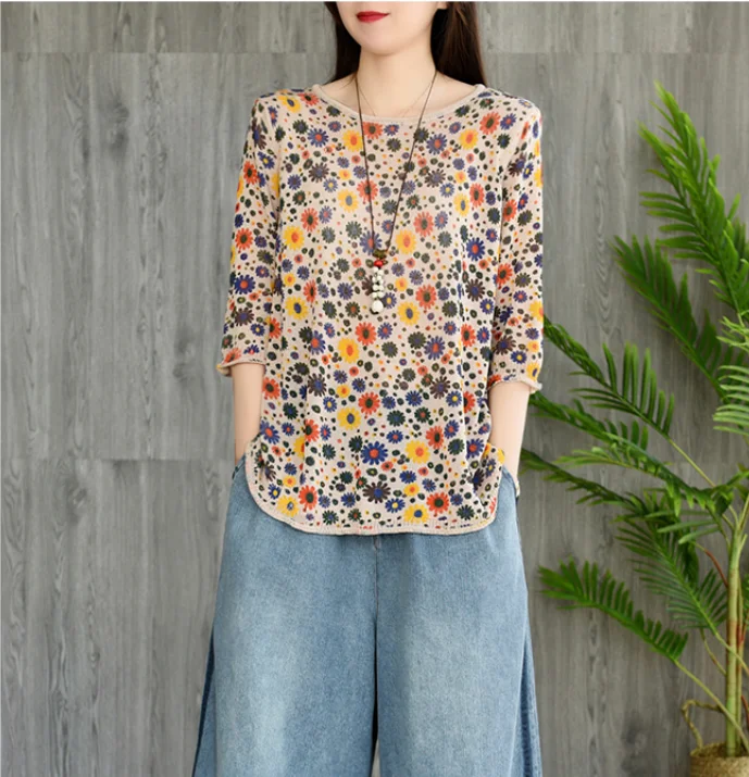 Сезон: весна–лето футболка модные женские туфли свободные Ретро Вязание