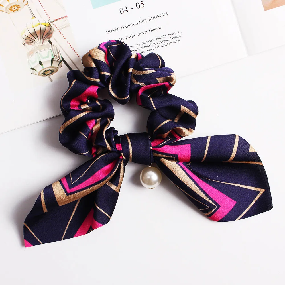 Geometry Navy Элегантное жемчужное кольцо для волос для женщин и девушек, аксессуары для волос, эластичные резинки для волос с принтом, резинки для волос, конский хвост, банты, держатель для волос, веревка - Цвет: Geometry Navy