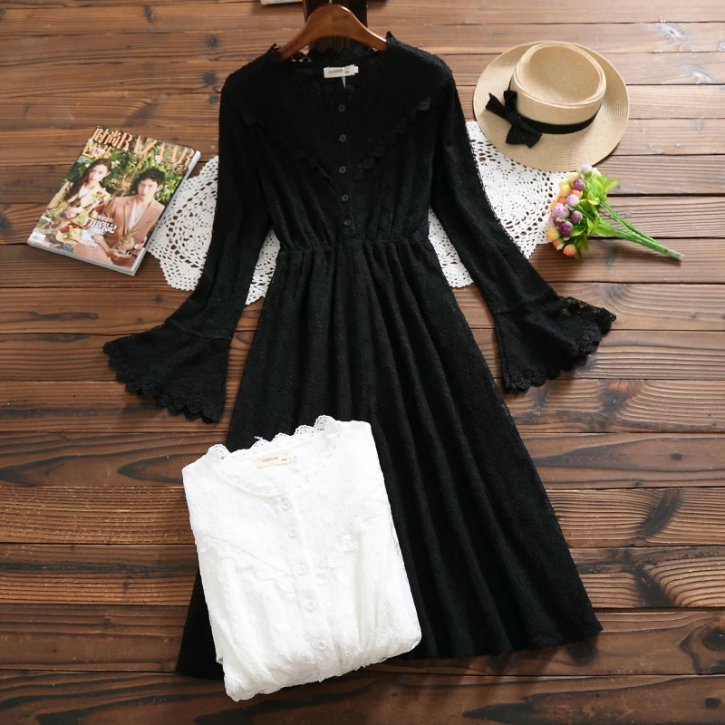 

Spring autumn long sleeve white black floral casual lace dress new fashion hollow out elegant party dress vestido encaje