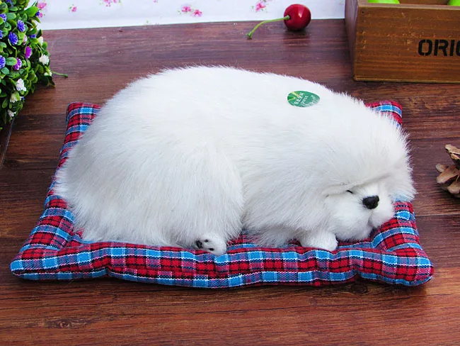 

about 20x12cm white sleeping puppy dog with mat plastic& furs dog sounding bark , toy model home decoration Xmas gift w5818
