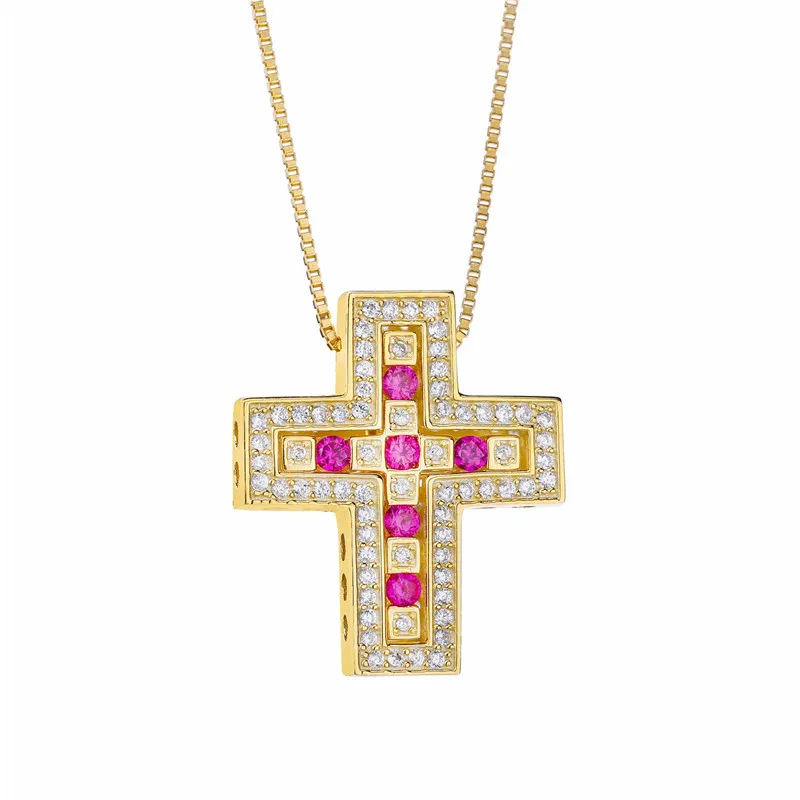 Red CZ Gold Lovecabin, японский дизайн, 925 пробы, серебряный крест, кулон и ожерелье для женщин, двойной крест, кулон, мужское ожерелье, ювелирное изделие - Окраска металла: Red CZ Gold