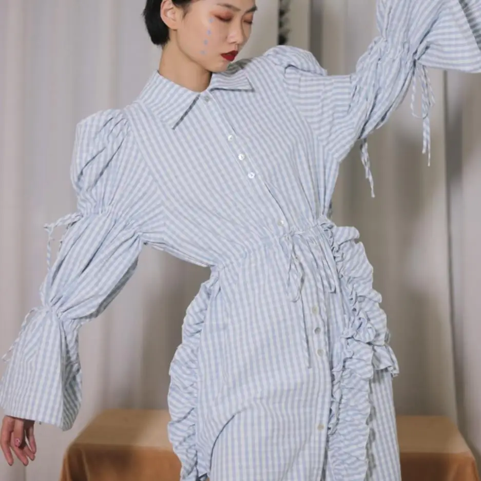 

Asymmetrical Shirt Dress Women turn down plaid Sexy Dresses Female spring Autumn Lantern Sleeve Ruffles dress H15