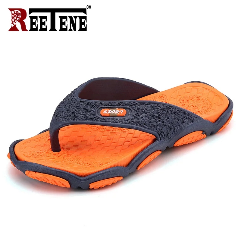 Orange REETENE/Высококачественная Мужская обувь, мужские шлепанцы размера плюс 39-45, модные летние мужские вьетнамки, уличная Мягкая Повседневная обувь для мужчин - Цвет: Orange