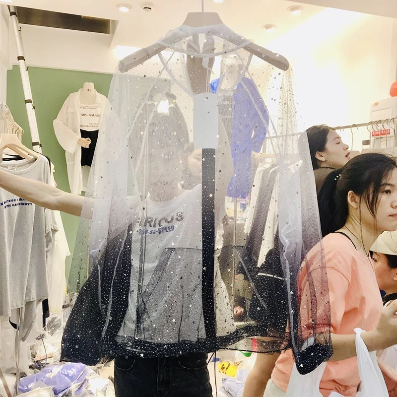 Harajuku солнцезащитное пальто, градиентная Женская куртка с блестками, женская тонкая куртка размера плюс, Женское пальто с длинным рукавом, прозрачная куртка