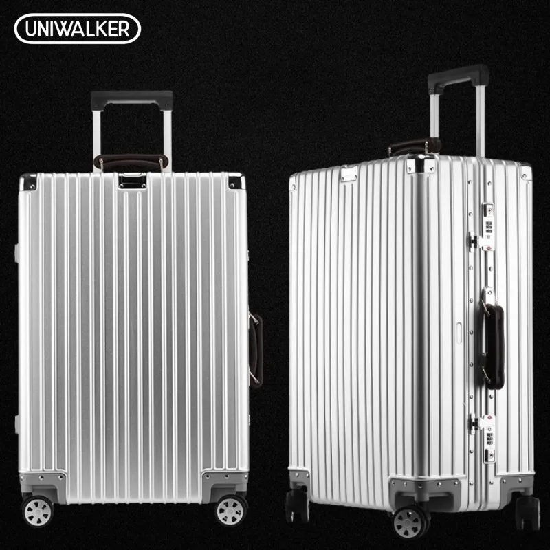 UNIWALKER 100% Алюминий чемодан в стиле ретро с кожаной ручкой роликовая тележка для