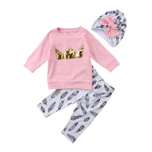 Lovely 3PCS Kid Baby Girl Pink Crown Tops T-shirt Feather Print Long Pants Clothes Outfits Hat Summer Spring Clothing | Мать и ребенок