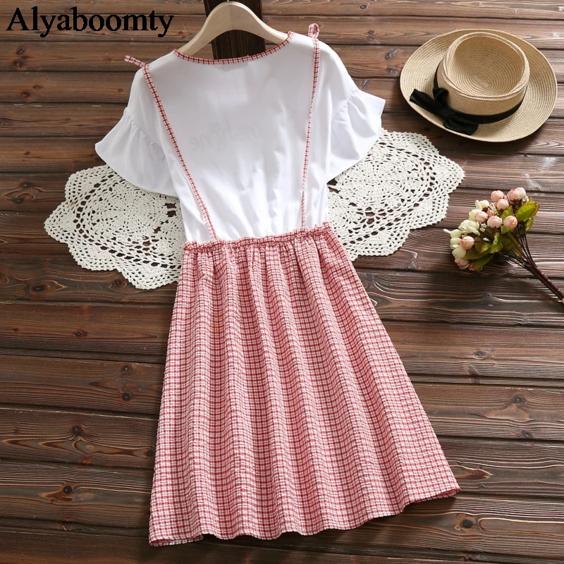 Школьный стиль Лето женское милое платье подтяжки вышивка буквы школьная форма