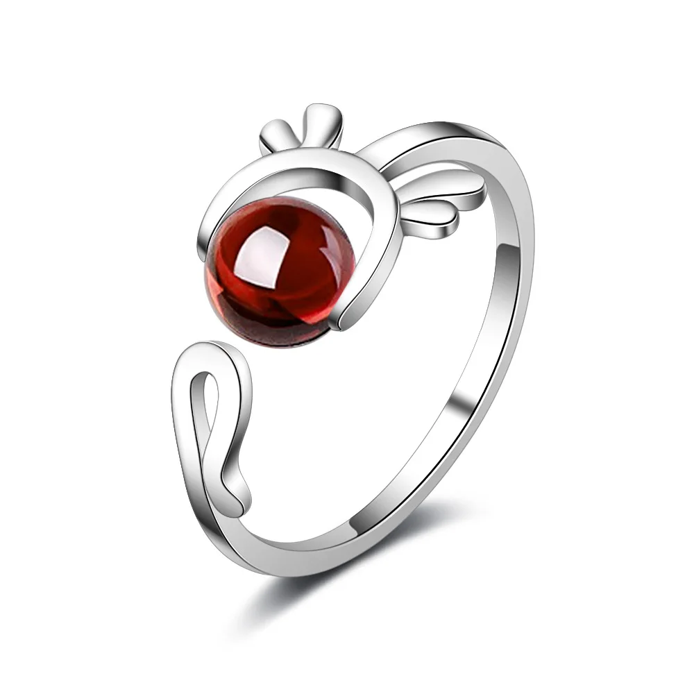 

Sweet Cute Little Deer Animal Garnet Stone 30% Silver Plated Ladies Finger Rings Jewelry For Women Open Ring Engagement Gift