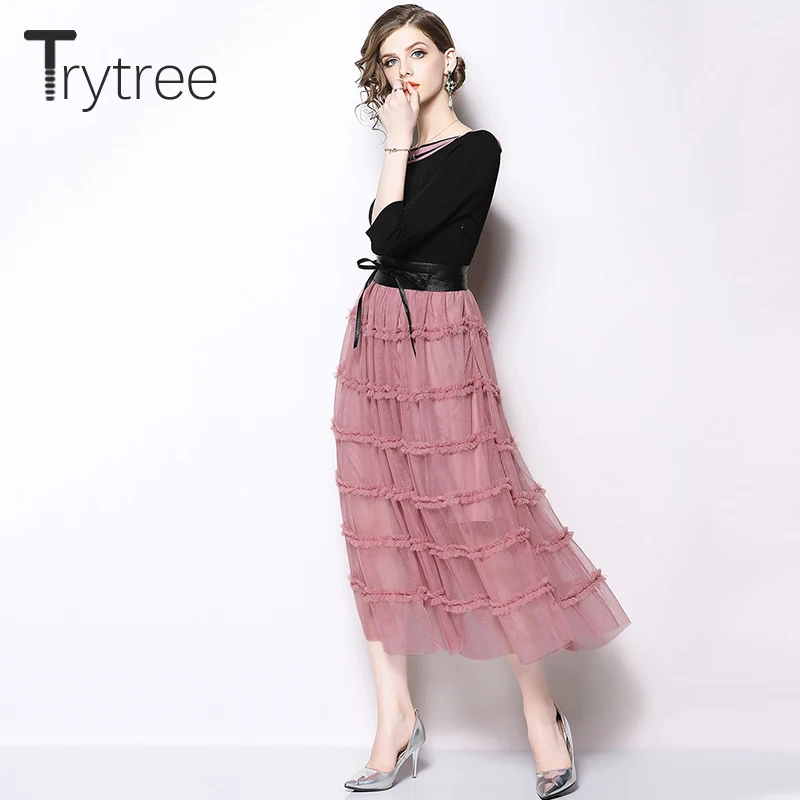 Trytree, летнее, осеннее платье, повседневное, кожаный пояс, элегантные, женские, вечерние, пэчворк, сетчатые платья, три четверти, платье до середины икры