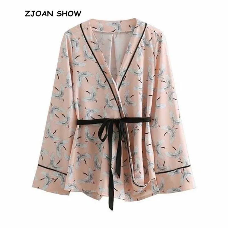 Винтаж крест v-образным вырезом кран печати лук связали пояса кимоно рубашка