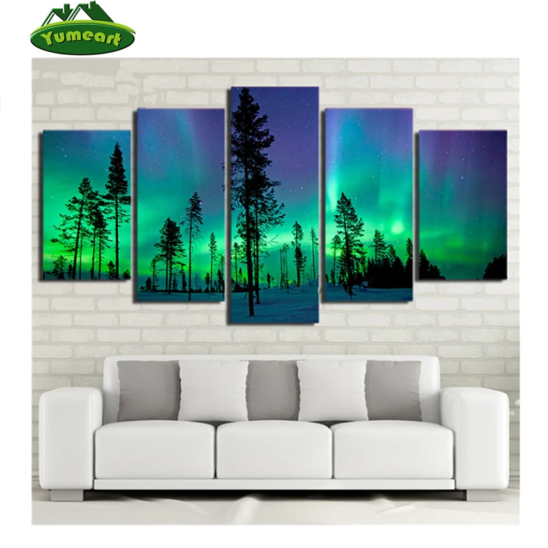 

Painting Aurora Cross Stitch Kits Full Diamond Embroidery Starry Sky Crystal Mosaic Wall Decor Aurora Tree Landscape 5pcs/Set