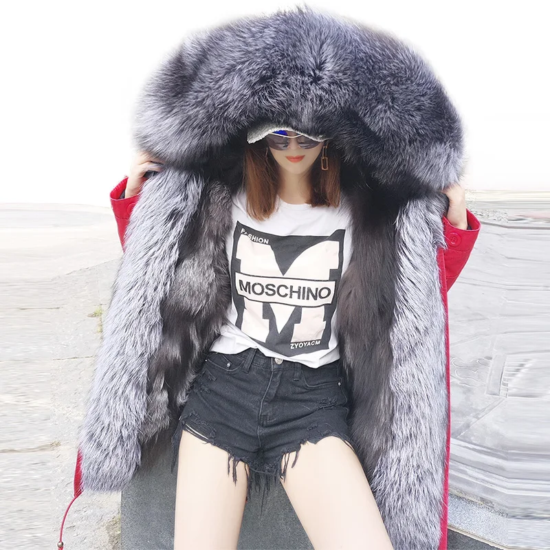 2018 natural fox fur liner long outerwear winter jacket raccoon fur lining big real fox fur collar coat parkas