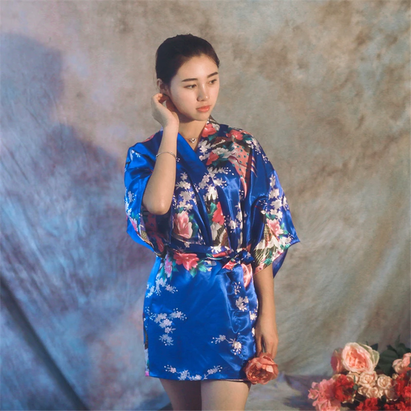 

Faux Silk Femme Robe Sexy Lingerie Kimono Japanese Floral Bride Bathrobe Satin Nightwear Vintage Summer 3/4 Sleeve New 912-059