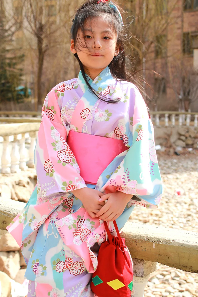 2019 new children girls japanese traditional costumes kimono dress with obi bathing robe yukata for kids girls dance wear