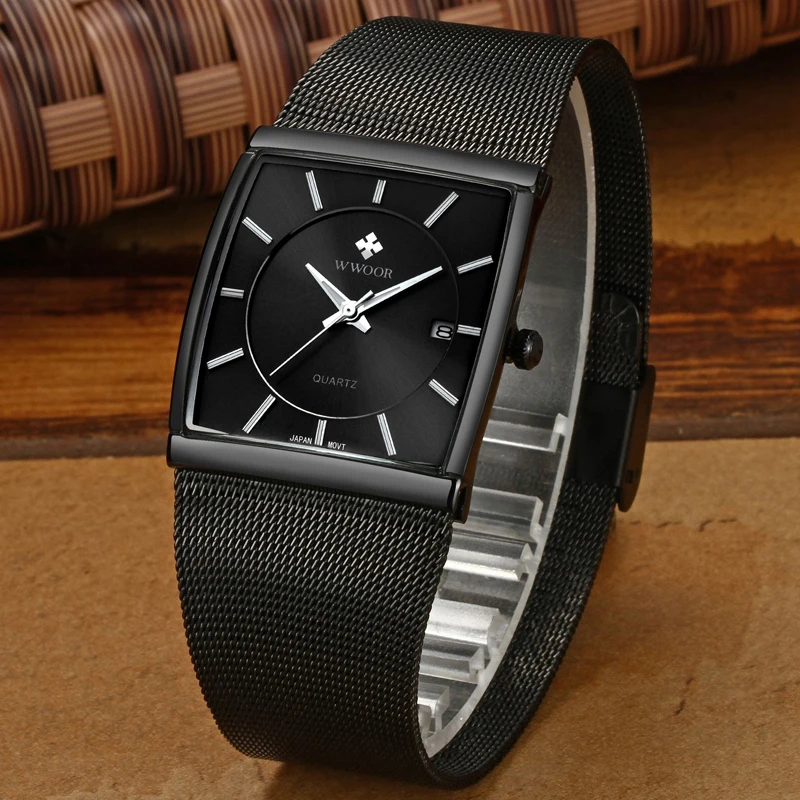 WWOOR Топ бренд класса люкс Мужские квадратные кварцевые часы