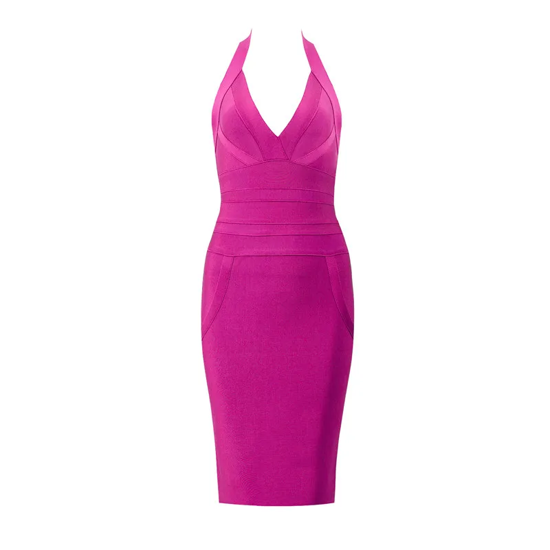 Vestido Celebrity Sexy Halter V-Neck Sleeveless Purple Rose Pink Bodycon Bandage Women's Dress Elegant Night Party | Женская одежда