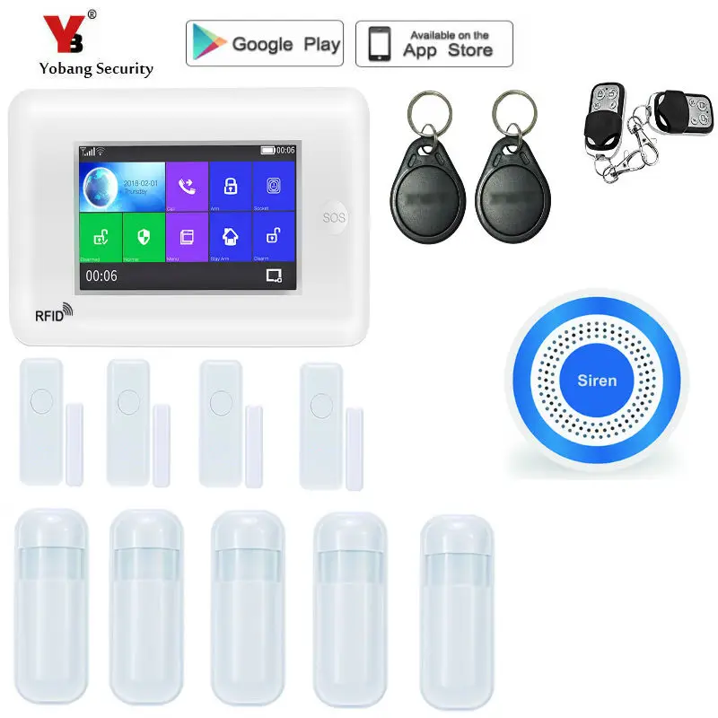 Yobang Security 4.3inch TFT LCD House Office Burglar Intruder WIFI Alarm System With Glass Break Sensor Android IOS APP Control |