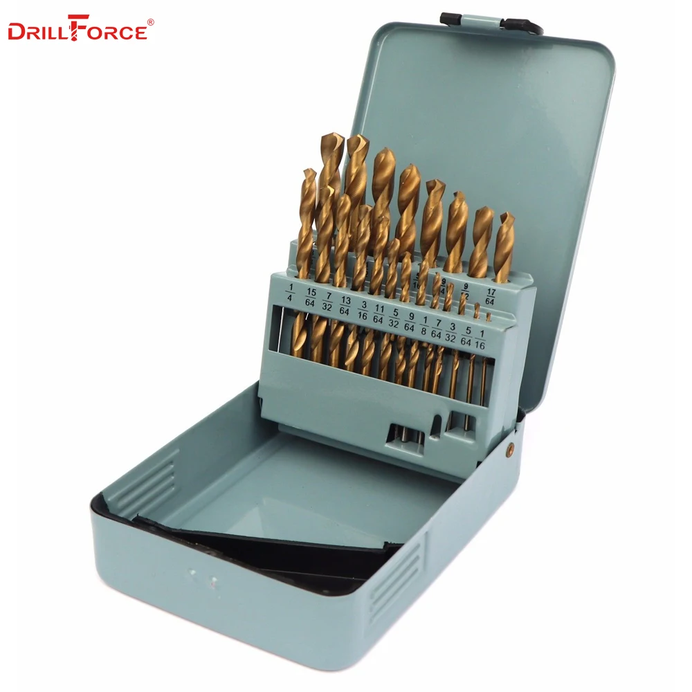 Drillforce 21 шт. 1/16 &quot 3/8&quot HSS Twist с титановым покрытием ручное сверло