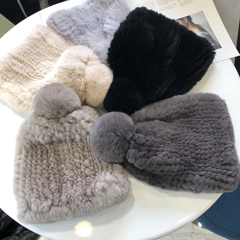 Fashion Womens Real Rex Rabbit Fur Hats with Stripe Design Cute Ladies Winter Warm Rex Rabbit Fur Caps