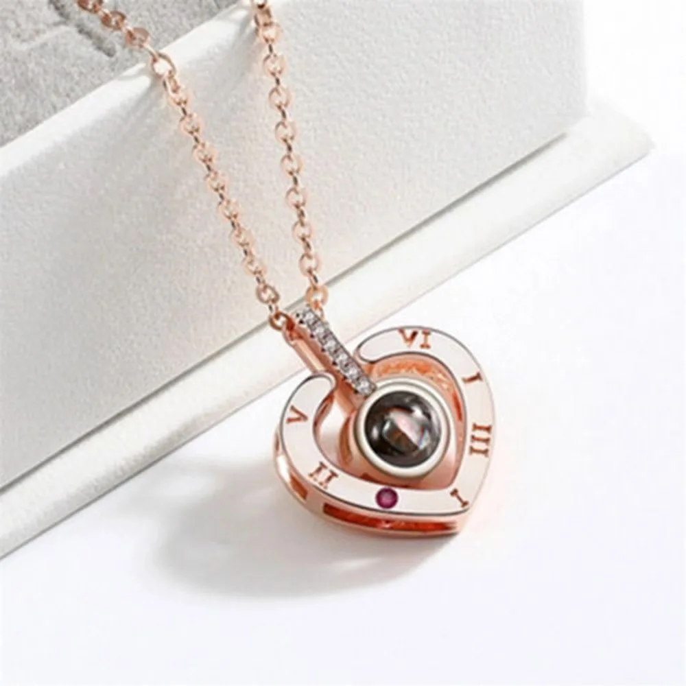 heart-rosegold Мода 100 языков I Love You розовое золото и серебро проекционный кулон ожерелье s для женщин Романтическая любовь память свадебное ожерелье - Окраска металла: heart-rosegold