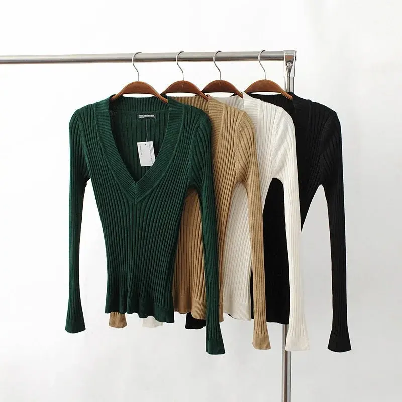 

2019 New Women's Sweater Basic Pullover Women Solid Deep V-Neck Sweater Knitted Elastic Sweaters Long Sleeve Tops