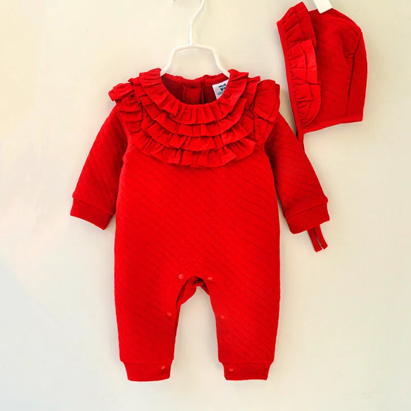 

Newborn Baby Girls Rompers Winter Infant Thicken Cotton Long Sleeve Romper+Hat 2 Pcs Set Bebe Princess Style Jumpsuit Clothing
