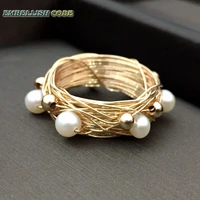 new designer bird nest style ring gold beads with 6 round like ball pearls golded wire hand make ring