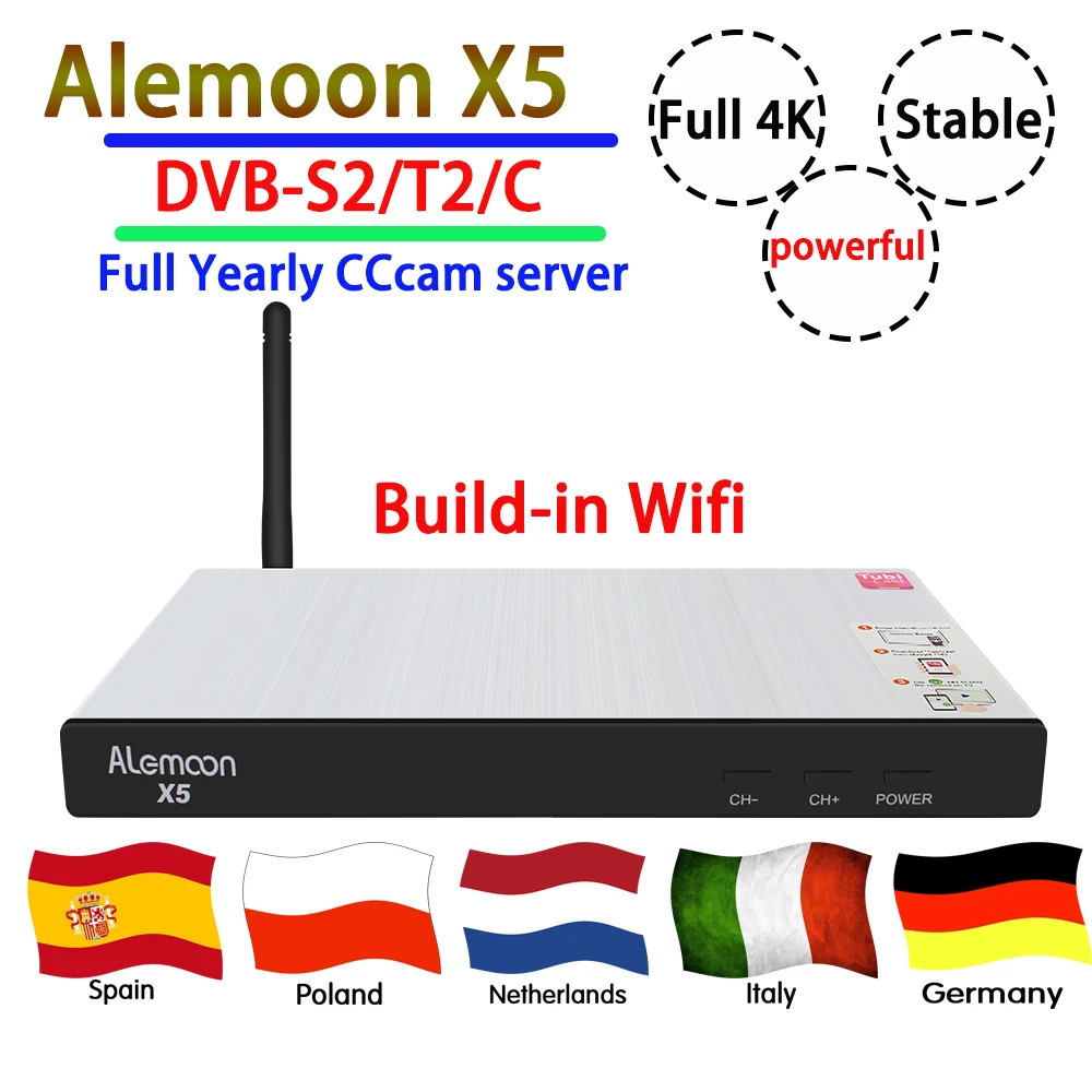 GOTIT мощный ALEMOON X5 DVB-S2 T2 C Функция декодер лучший спутниковый ресивер Полный 4K+ 4 нажатия cccam лучший Испания Польша ТВ бесплатно