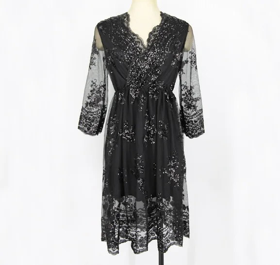 

Mesh Lace Patchwork Women Dress Casual Long Sleeve Sexy V Neck Sequined A Line Wide Hem Dress Women Elegant Vintage Party Dress