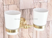 bathroom accessory wall mounted luxury gold color brass toothbrush holder with two ceramic cups nba315