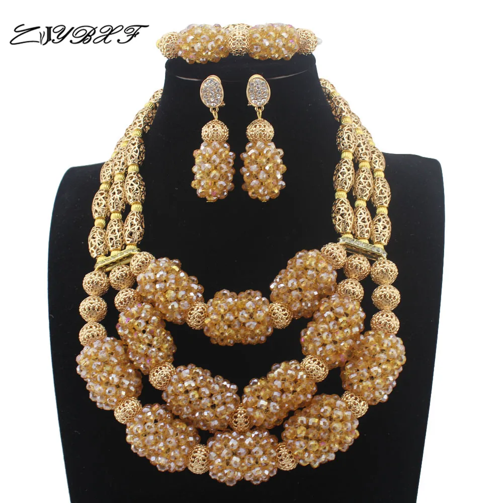 

Nigerian Beads Jewelry Sets Champagne Crystal African Jewelry Sets Indian Bridal Necklace Jewelry Sets Free Ship HD8573