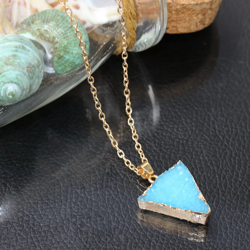 Rough Blue Crystal Surface Geometric Stone Pendant Golden Necklace for Women Around 54 cm | Украшения и аксессуары