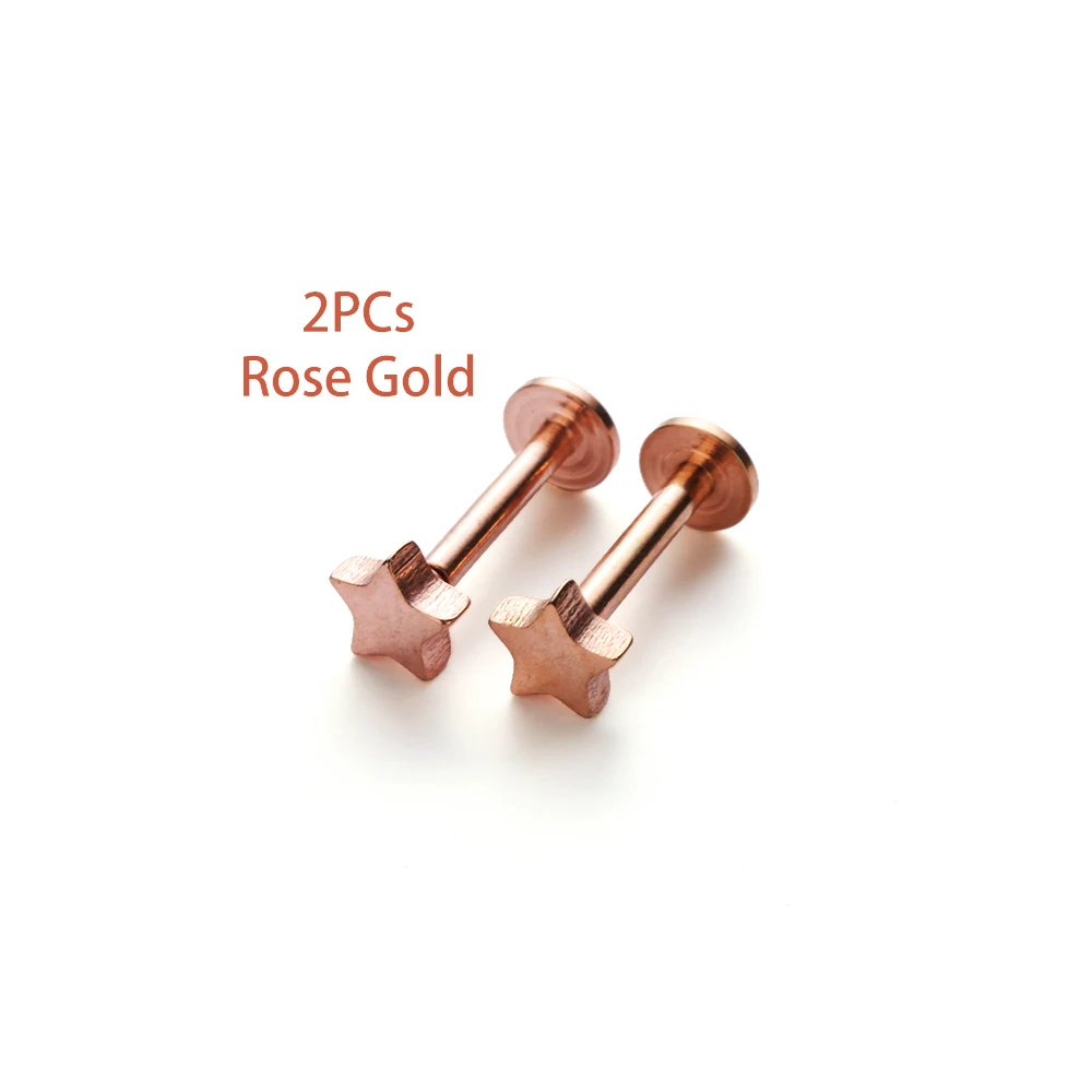 Rose Gold 2 шт Звезда штанги Серьги на Козелок тела Лабрет хрящевая спираль хирургическая сталь серьги гвоздики, пирсинг тела ювелирные изделия унисекс инструменты - Окраска металла: Rose Gold