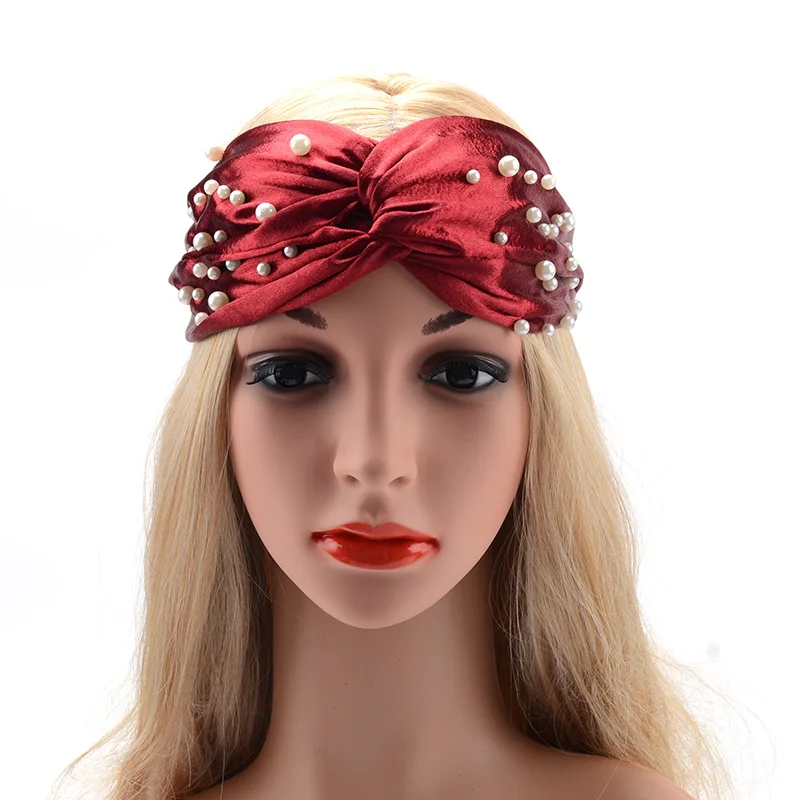 2018 Women's Hair Accessories Wide Pearl Headbands Fashion Cross Knotted Turban Knit Spa Headband Ladies Elastic Wrap Hairband |