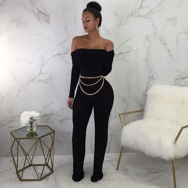 

PS002 black off the shoulder long sleeve gold chain straight pantsuit women jumpsuit