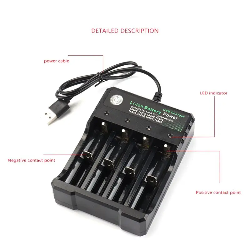 3,7 V 18650 4 слота зарядное устройство Портативный 18350 16340 14500 USB интерфейс Интеллектуальный Vape независимый литий-ионный аккумулятор зарядное устройство