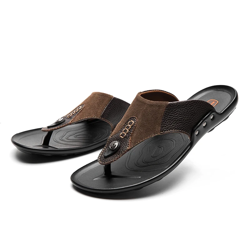 LINGGE New Arrival Brand Men's Flap Flops Genuine Leather Men Slippers Summer Beach Walking Rivet Shoes Size 38-44 | Обувь