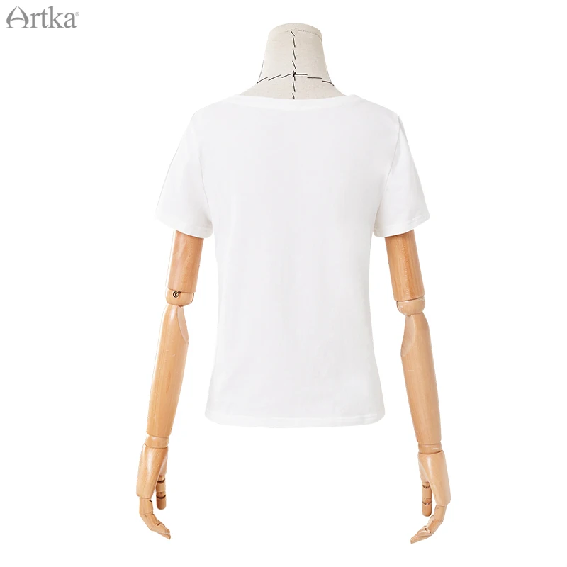 ARTKA, летняя женская футболка, повседневная, модная, персиковая, с блестками, с круглым вырезом, с коротким рукавом, белая футболка для женщин TA11299X