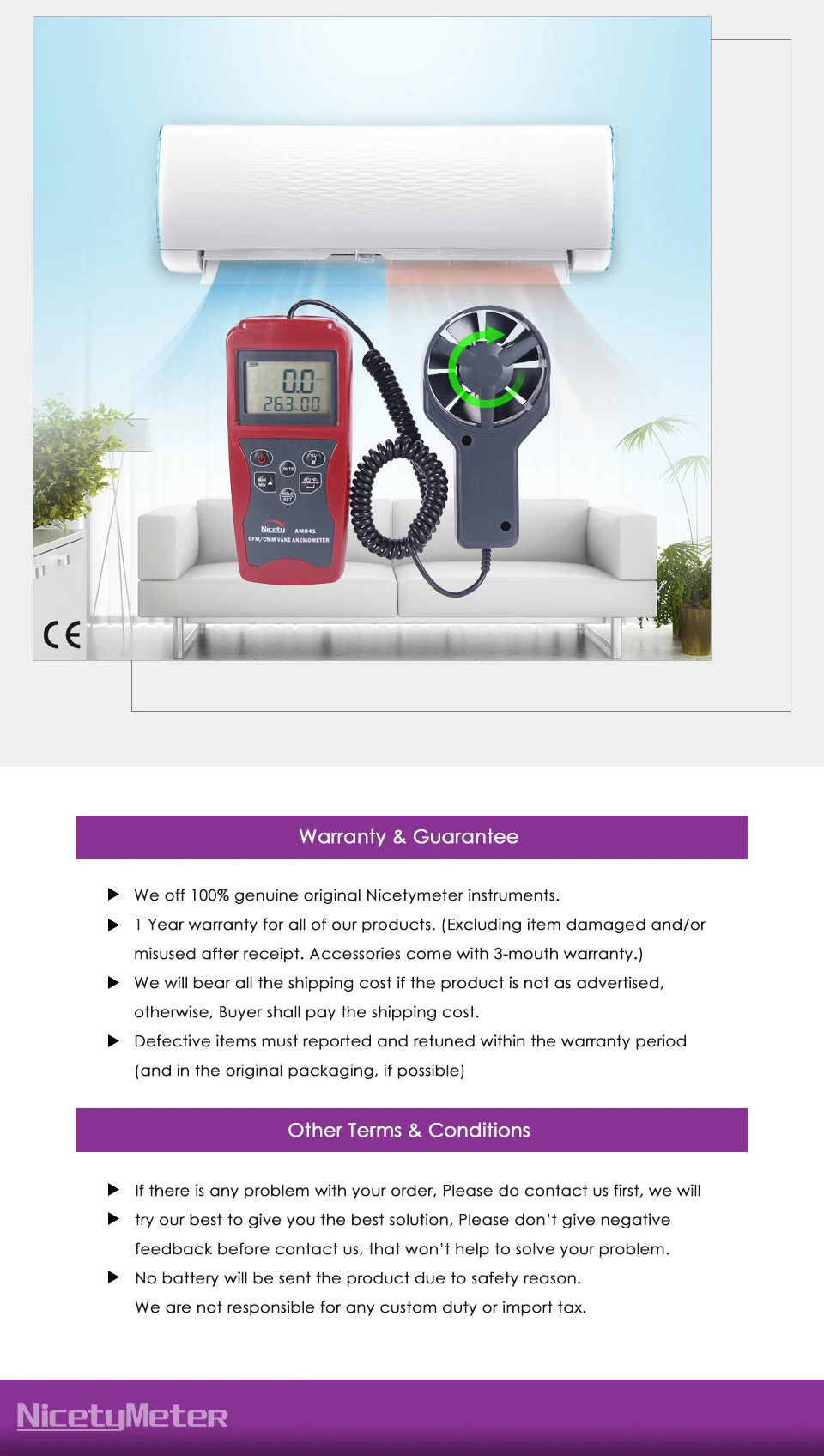 Nicetymeter AM841 Ручной цифровой анемометр измеритель скорости ветра и измерения температуры воздуха с CMM/CFM