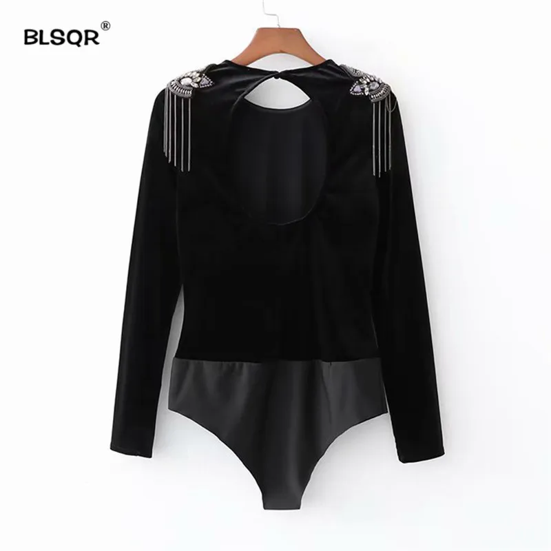 Для женщин пикантные черные сапоги Бисер бархатные боди с круглым вырезом Chic эластичный пояс с длинным рукавом Комбинезоны эластичные облегающие Топы Blusas
