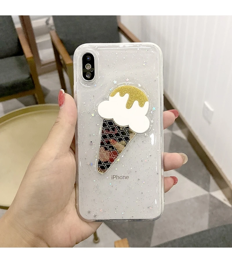 3D зеркальный чехол для мороженого с блестящими звездами iPhone X XS прозрачный мягкий