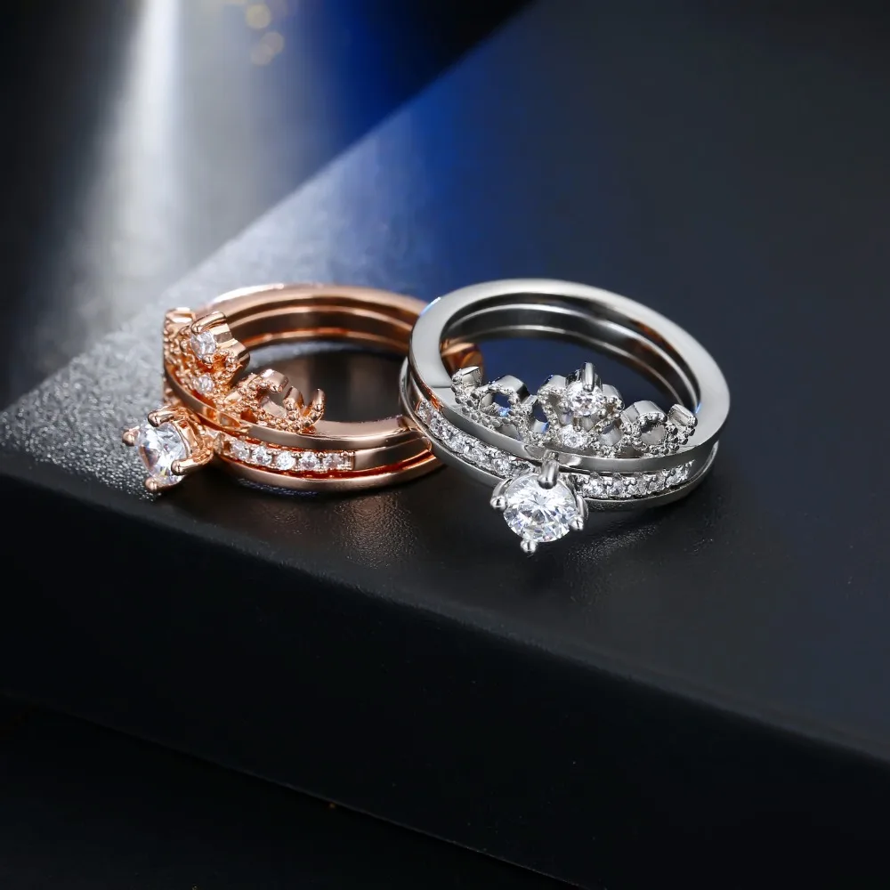 

FAMSHIN Christmas Lady Rose Gold Silver Color Crown wedding jewelry cute woman sparkling Zircon Crown Ring jewelry Wedding Gift