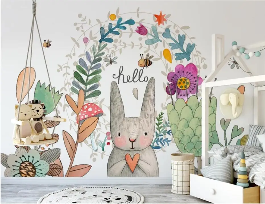 Hand Painted Carton Rabbit Flower Wallpaper Mural for Kids Bedroom Wall Decor Paper Rolls Contact Roll 3d Murals | Обустройство дома