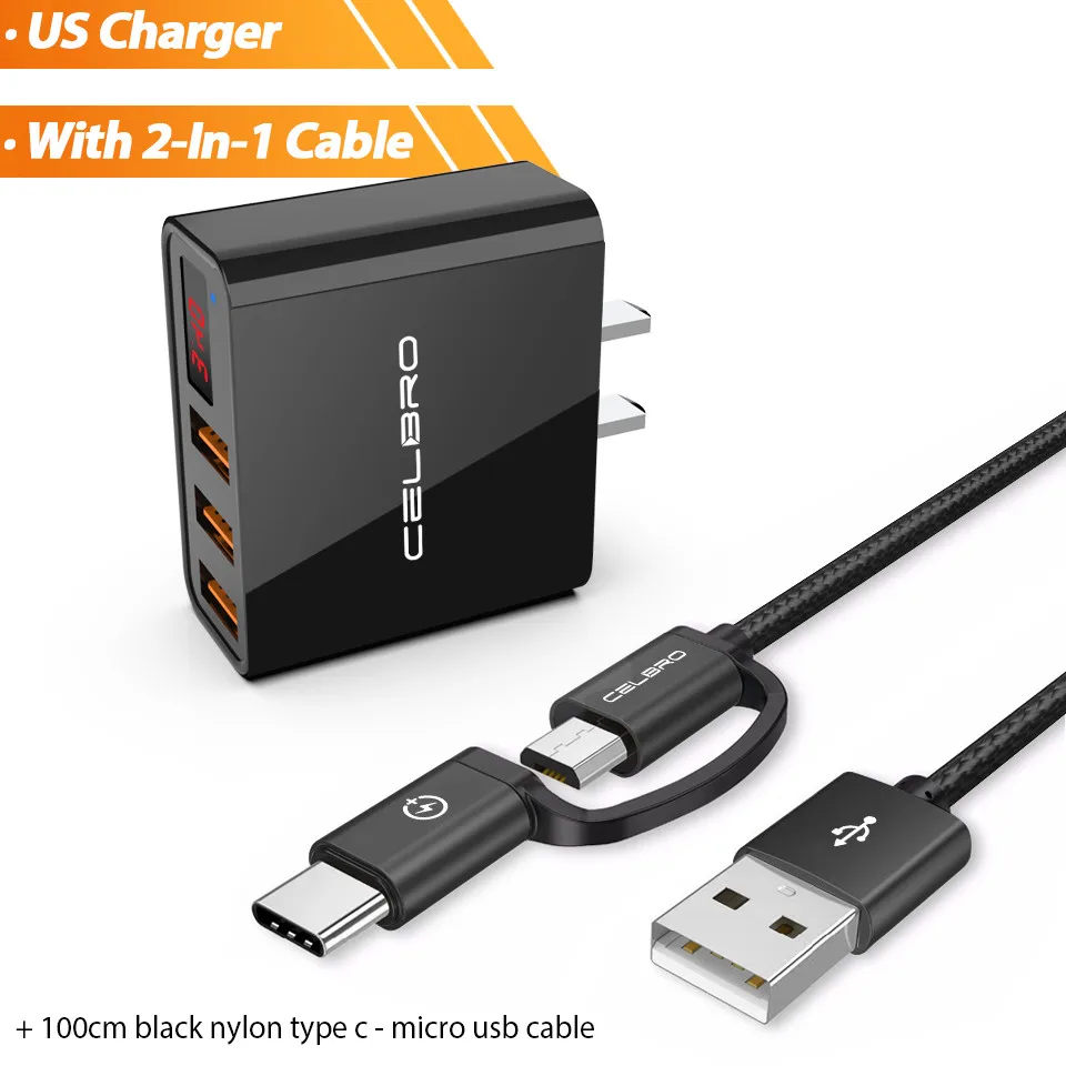 3.4A US with cable 3 порта Usb настенное зарядное устройство адаптер ЕС США вилка Usb зарядное устройство для телефона светодиодный дисплей Универсальное зарядное устройство Usb для нескольких телефонов - Тип штекера: 3.4A US with cable