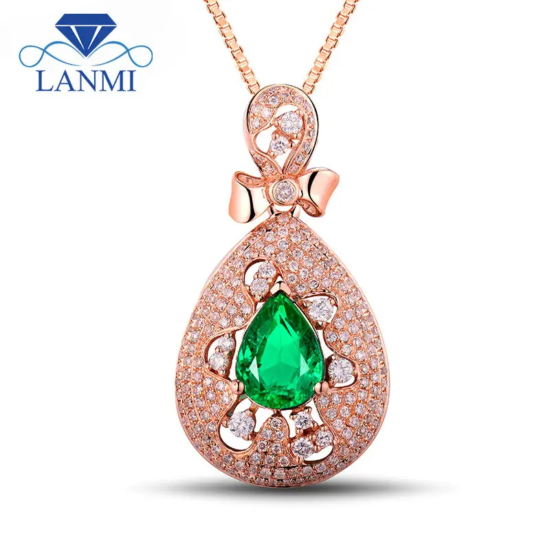 Женский кулон из розового золота 18 К с изумрудом и бриллиантами 7x9 5 мм|gold gemstone