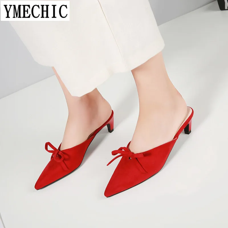 Женские мюли YMECHIC красные розовые черные туфли-лодочки на каблуке средней высоты